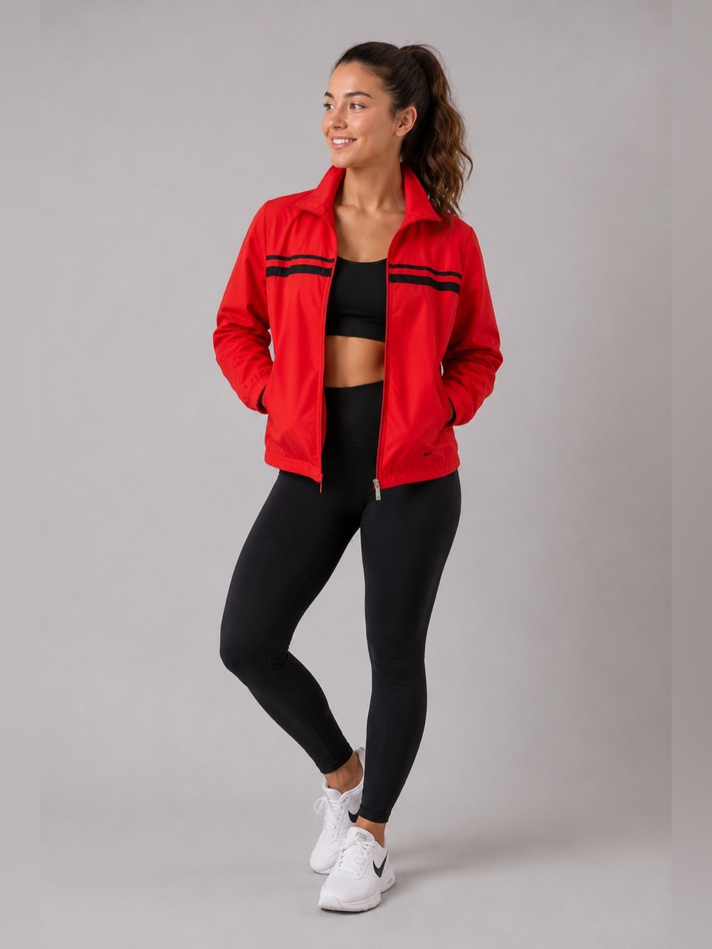 Vintage Nike Red Women's Varsity Zip Jacket w/ Black Stripe M (8-10) Swoosh Y2K‎